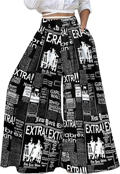 WDIRARA Women's Newspaper Print Wide Leg Pants Elastic Waist Loose Funky Letter Print Palazzo Pants