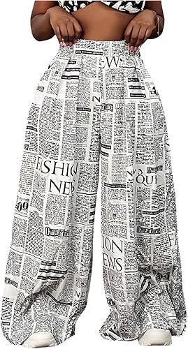 WDIRARA Women's Newspaper Print Wide Leg Pants Elastic Waist Loose Funky Letter Print Palazzo Pants