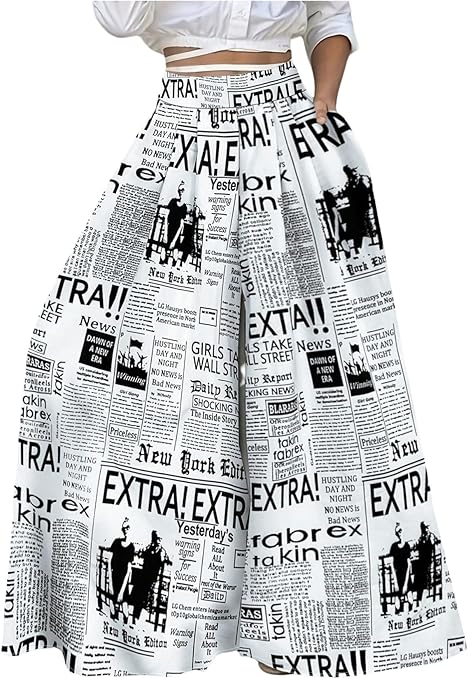 WDIRARA Women's Newspaper Print Wide Leg Pants Elastic Waist Loose Funky Letter Print Palazzo Pants