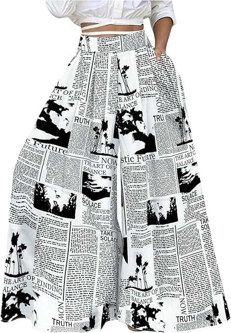 WDIRARA Women's Newspaper Print Wide Leg Pants Elastic Waist Loose Funky Letter Print Palazzo Pants