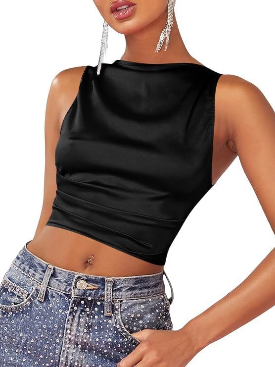 WDIRARA Women's Satin Crop Top Tie Back Backless Sleeveless Ruched Party Blouse Tops Black