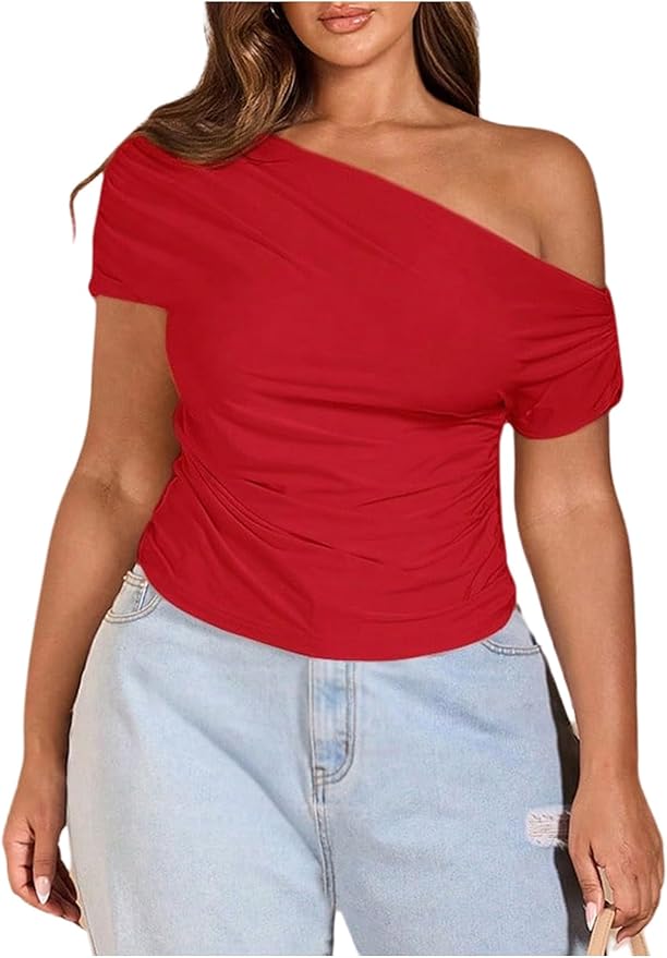 WDIRARA Women's Plus Size Off Shoulder Tee Shirt Ruched Asymmetrical Short Sleeve Tops